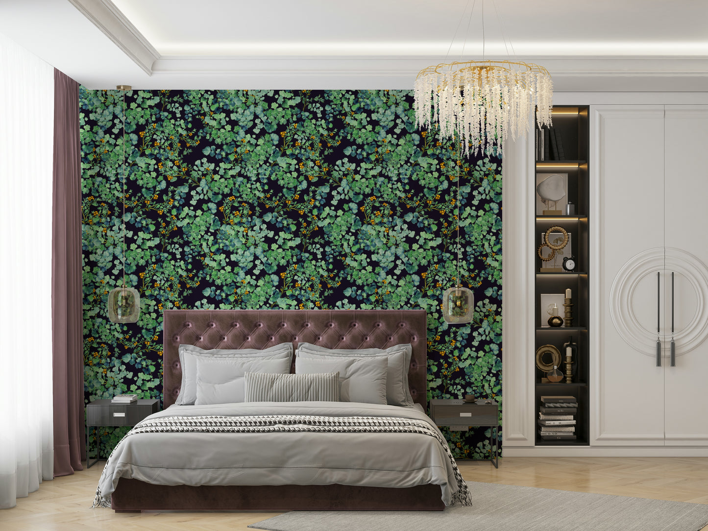 Green Foliage Wallpaper on a living room wall

