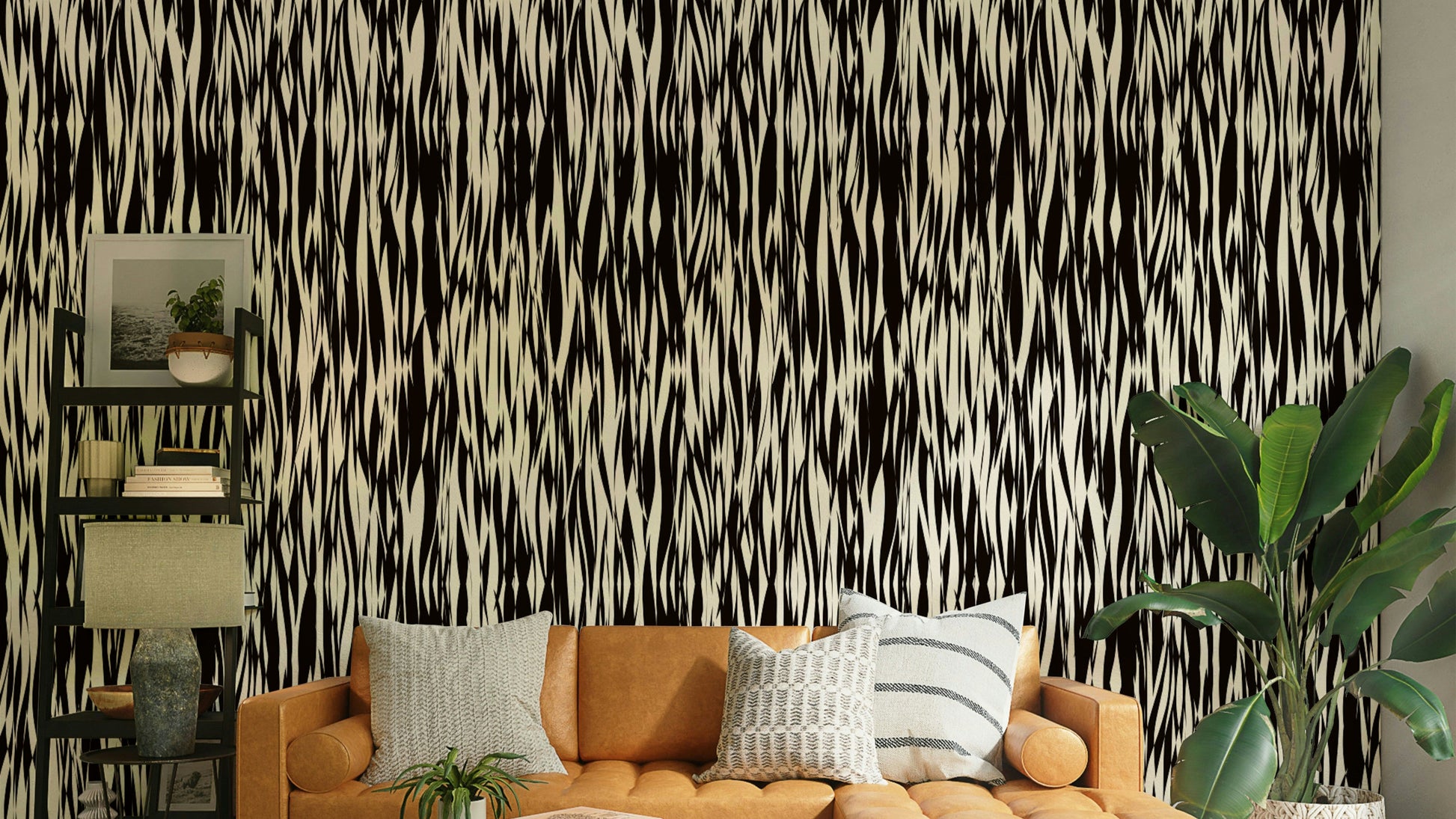 An angled shot of a wall with peaceful wallpaper

