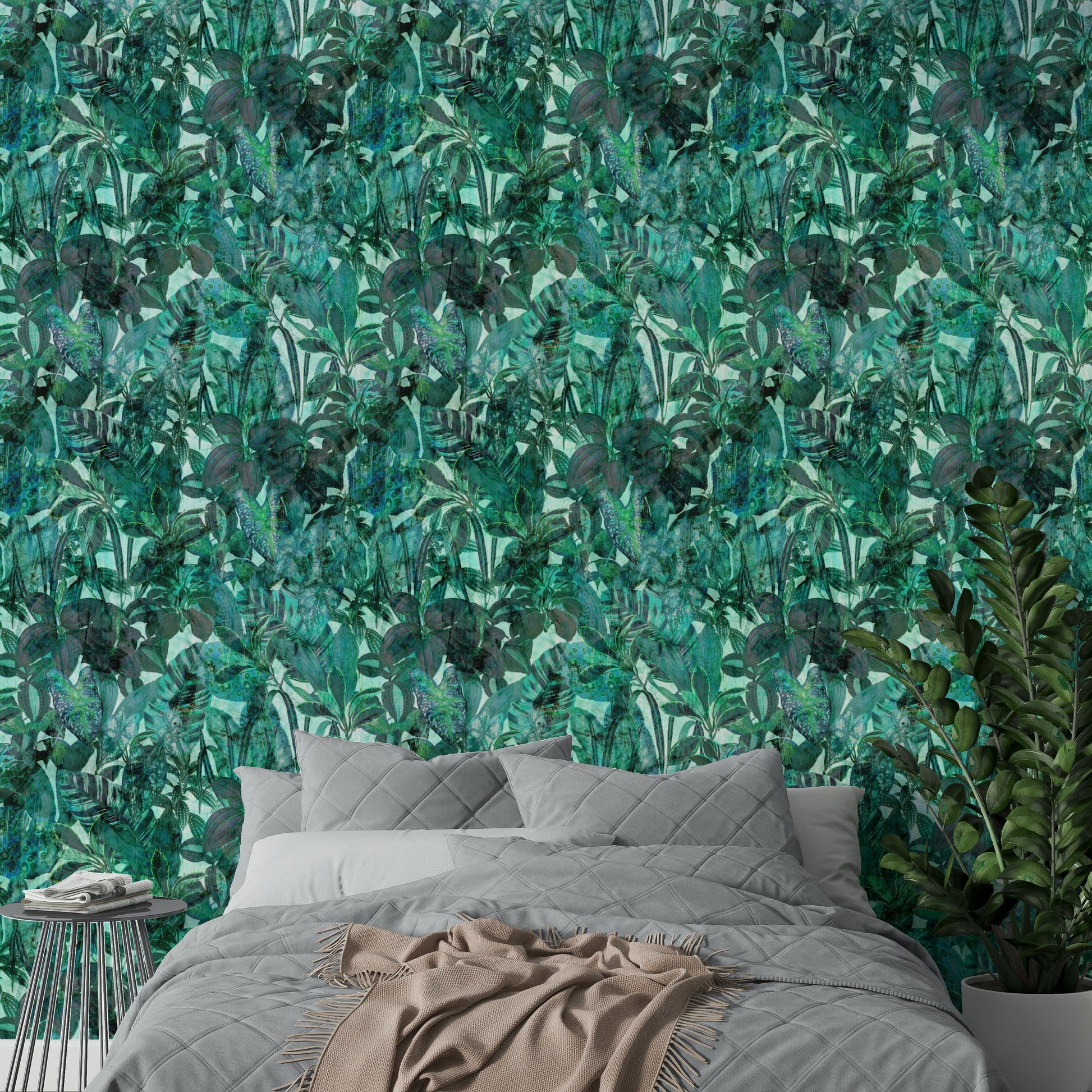 A dining area with a green accent wall

