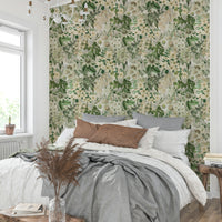 A bedroom decorated with a vintage floral mural


