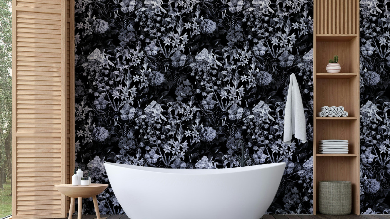 An angled shot of a wall with peaceful wallpaper

