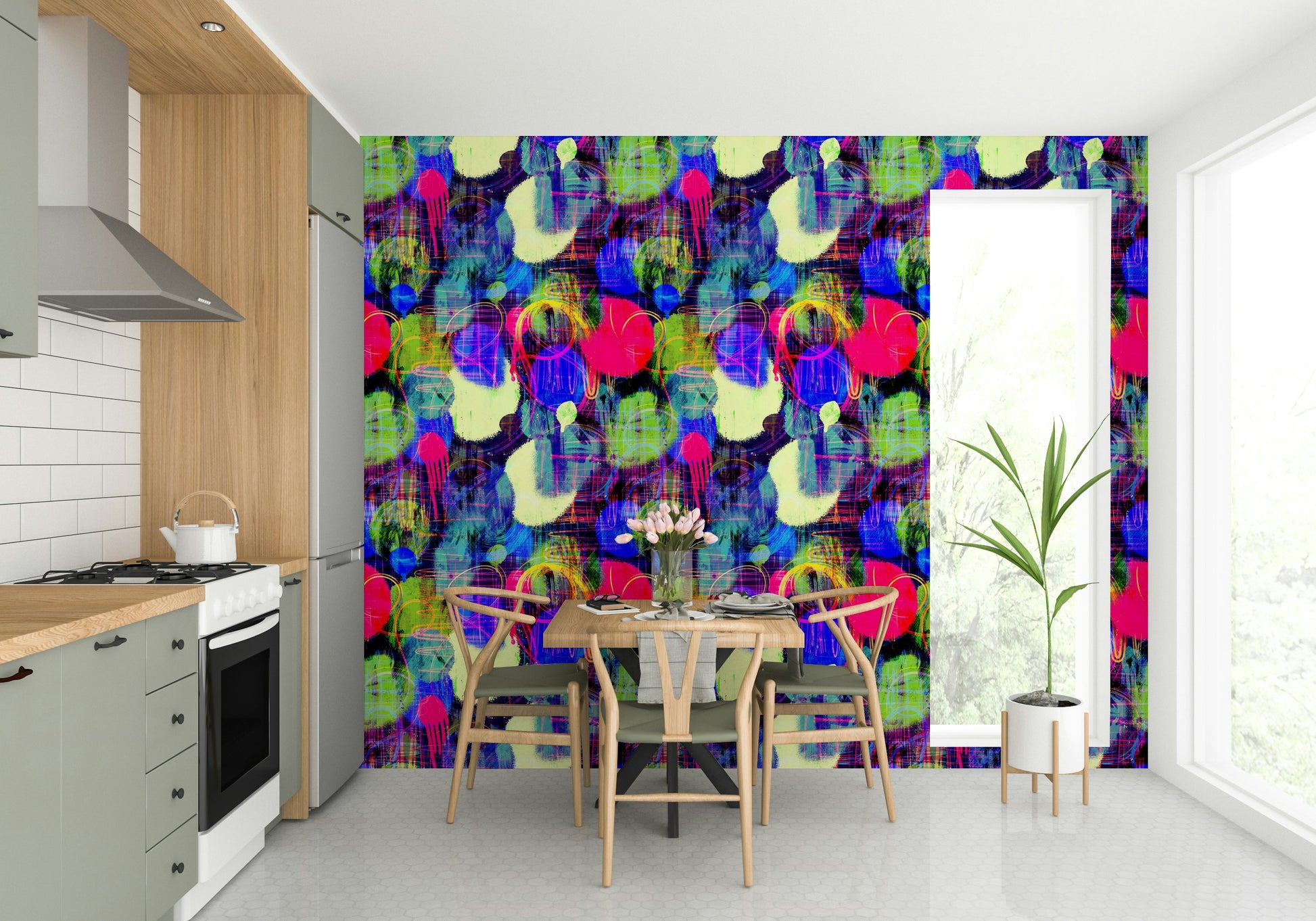 A studio decorated with an abstract wall mural

