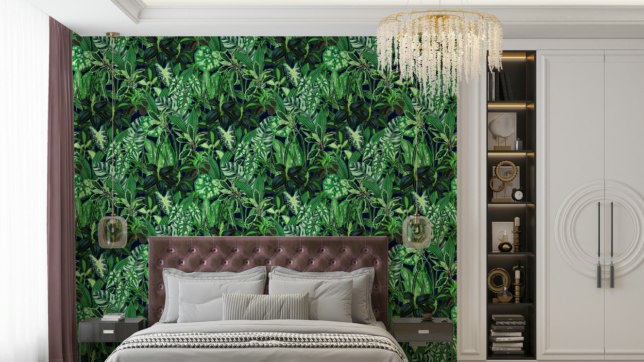 Intensely Green Tropics Wallpaper on a living room wall

