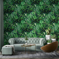 Close-up of a dense, tropical foliage pattern

