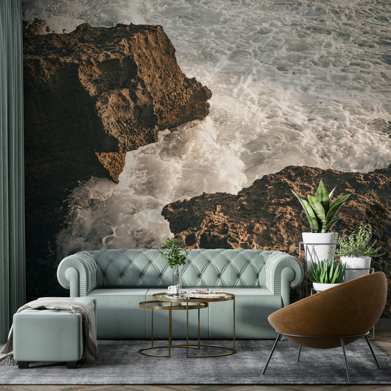 A beautiful rocky coastline with crashing waves.

