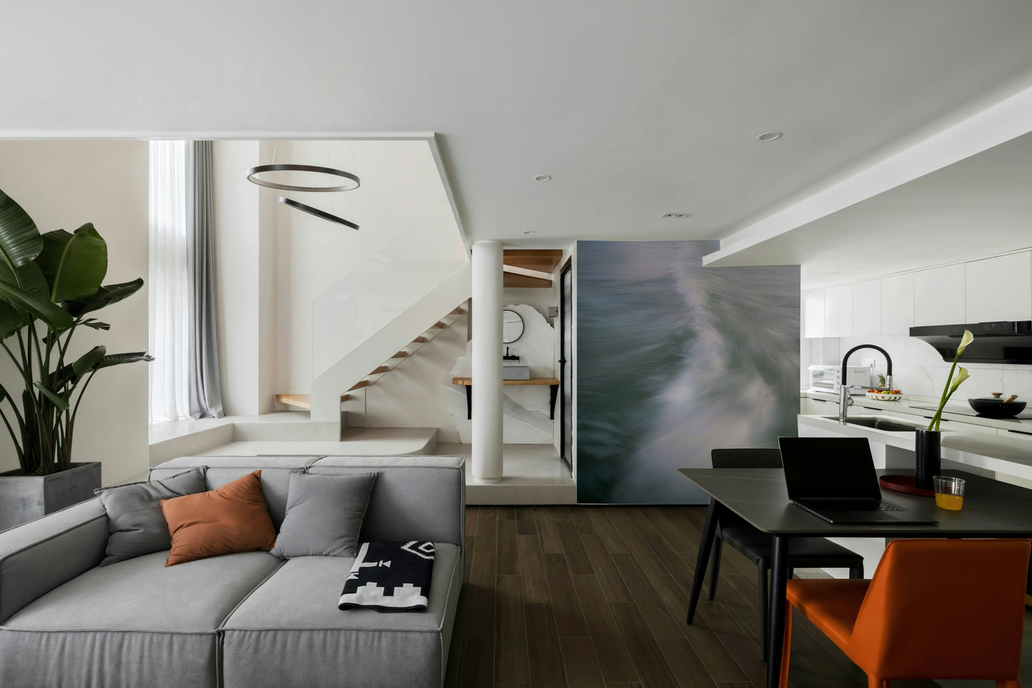 The peel and stick wallpaper on a smooth wall surface.

