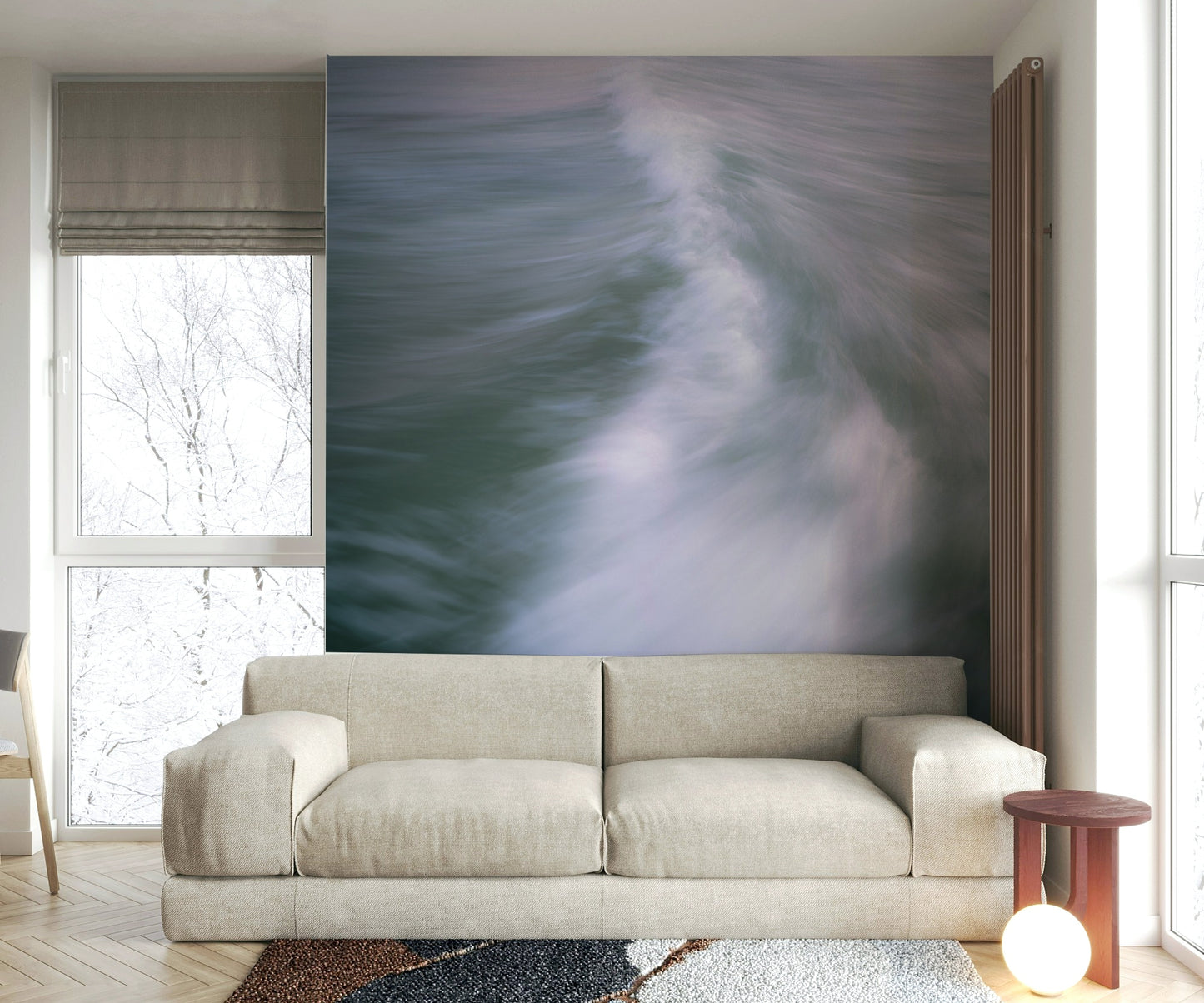 A high-angle view of the wall mural in a large space.

