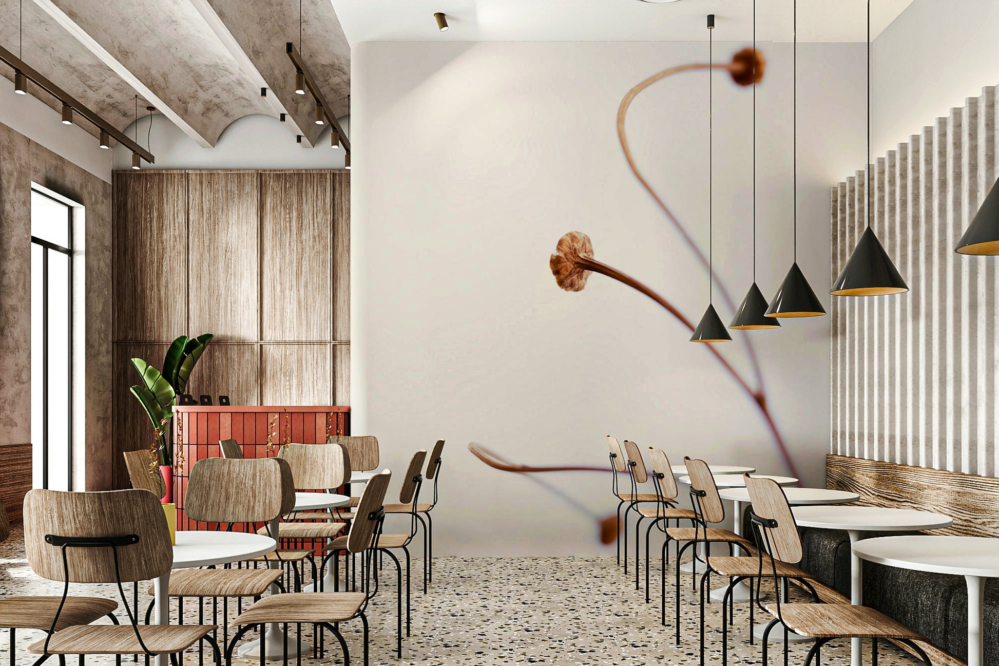 A minimalist interior with the subtle botanical wallpaper.

