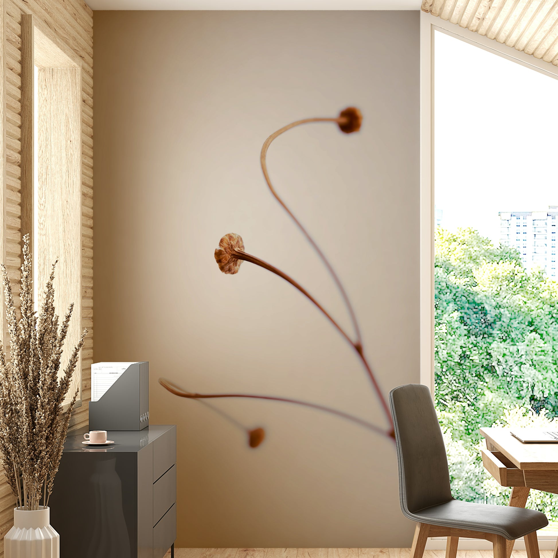 The peel and stick wallpaper showing realistic plant textures.

