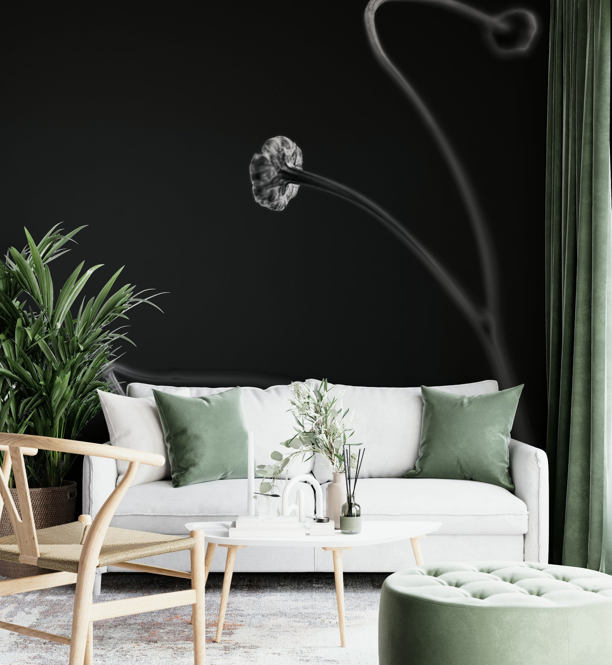 The peel and stick wallpaper showing realistic plant textures.

