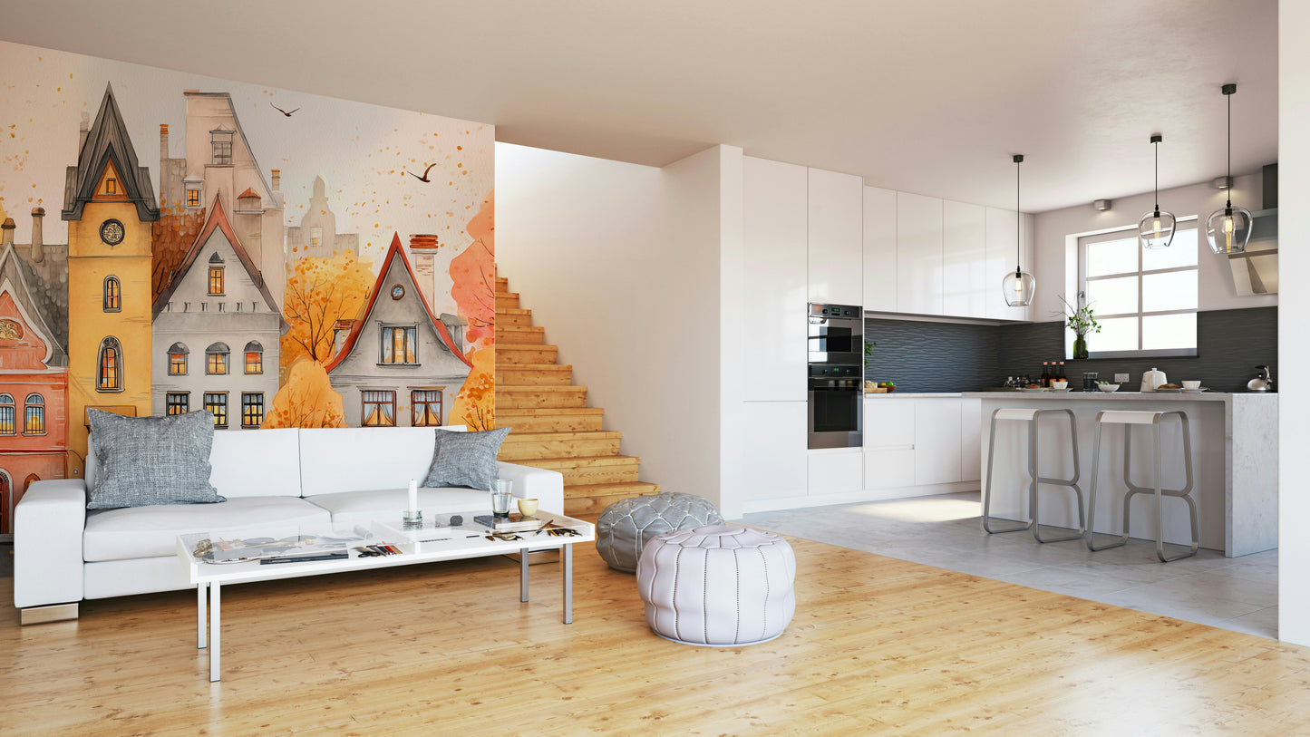 Autumn Town nature mural wallpaper

