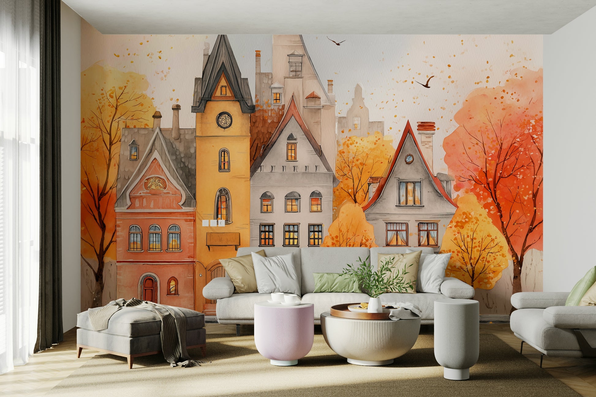 Autumn Town watercolor wallpaper for walls


