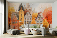 Autumn Town watercolor wallpaper for walls

