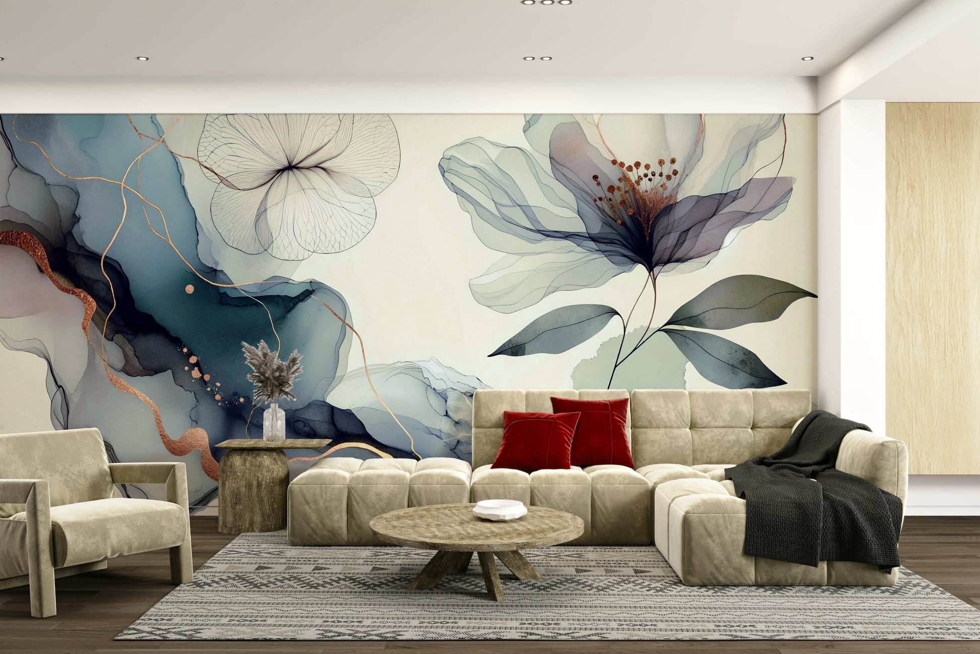 An elegant wall mural with a sage motif.