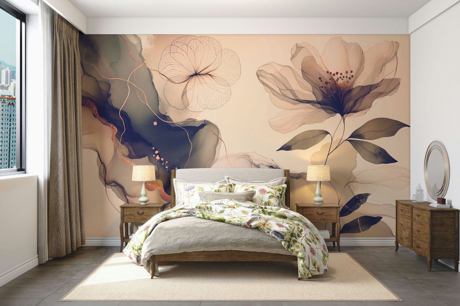 A classic sepia mural with a garden pattern.