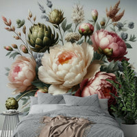 An elegant wall mural with a peony motif.