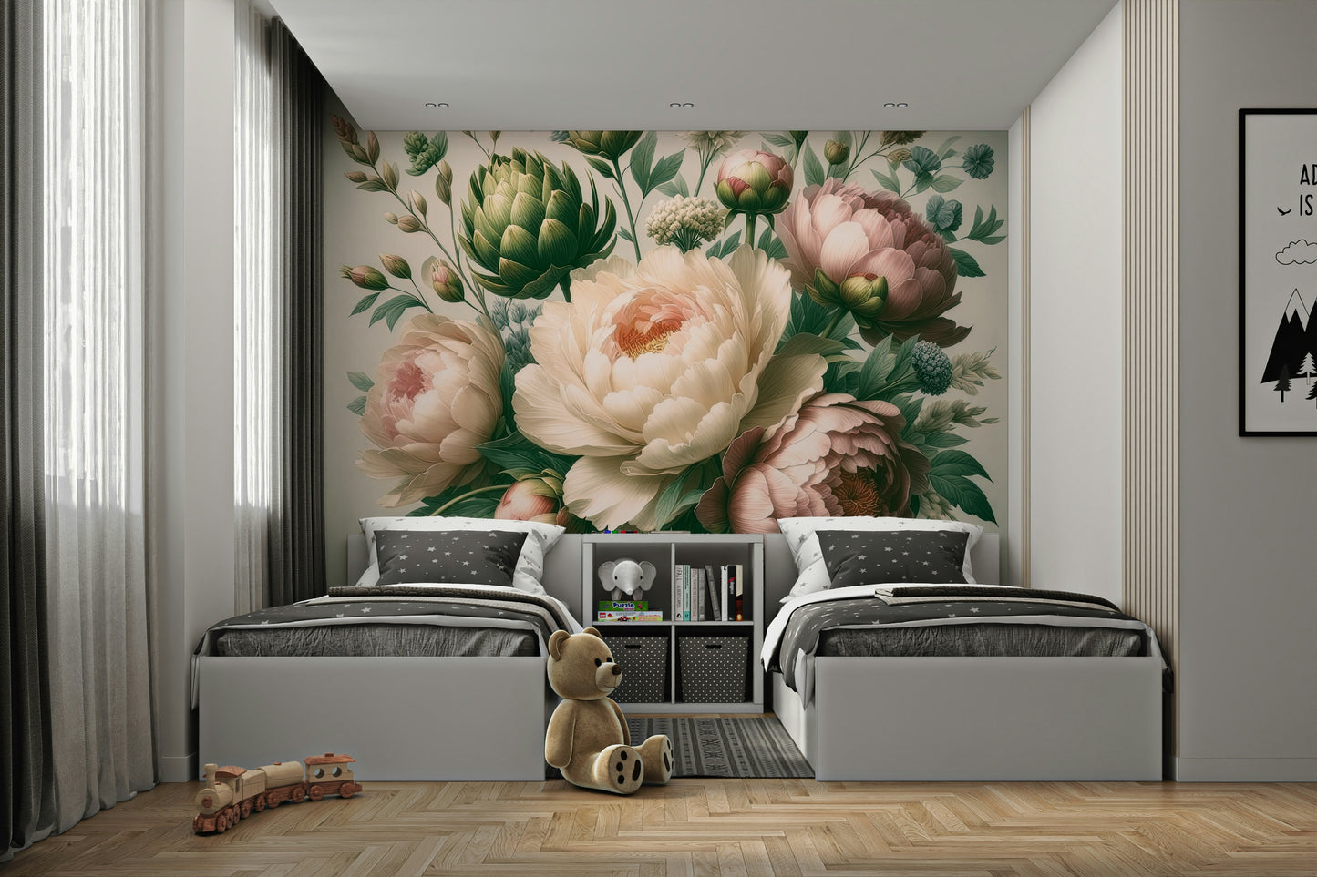 A photo of a Vintage Peonies Baroque Wall Mural with elegant flowers.