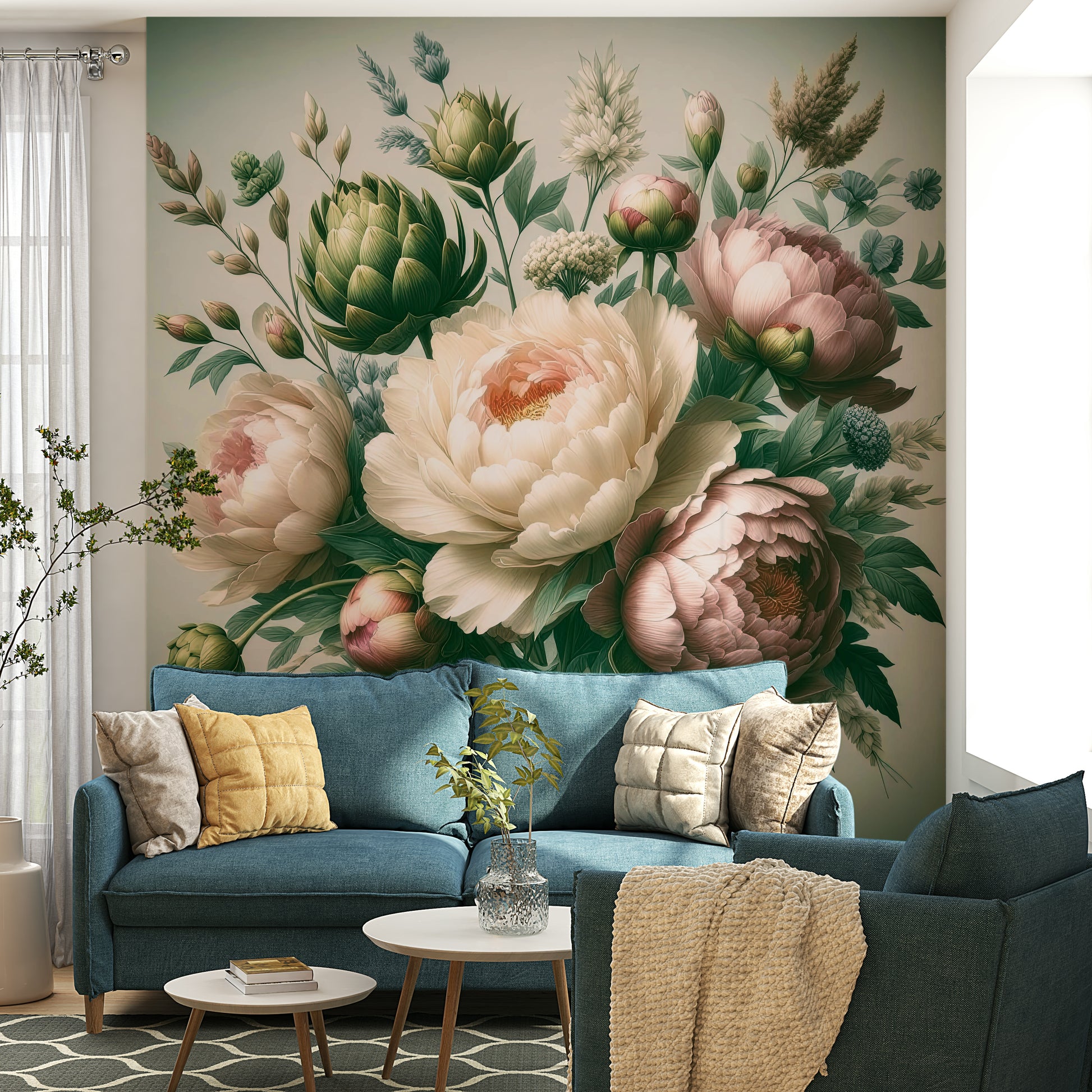 An interior view showing a wall decorated with a Vintage Peonies Baroque Wall Mural.