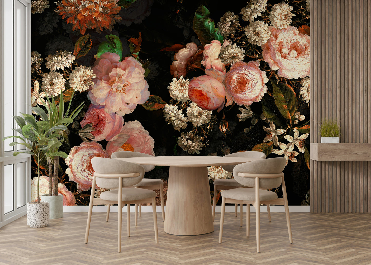 A moody garden mural with a rose motif.
