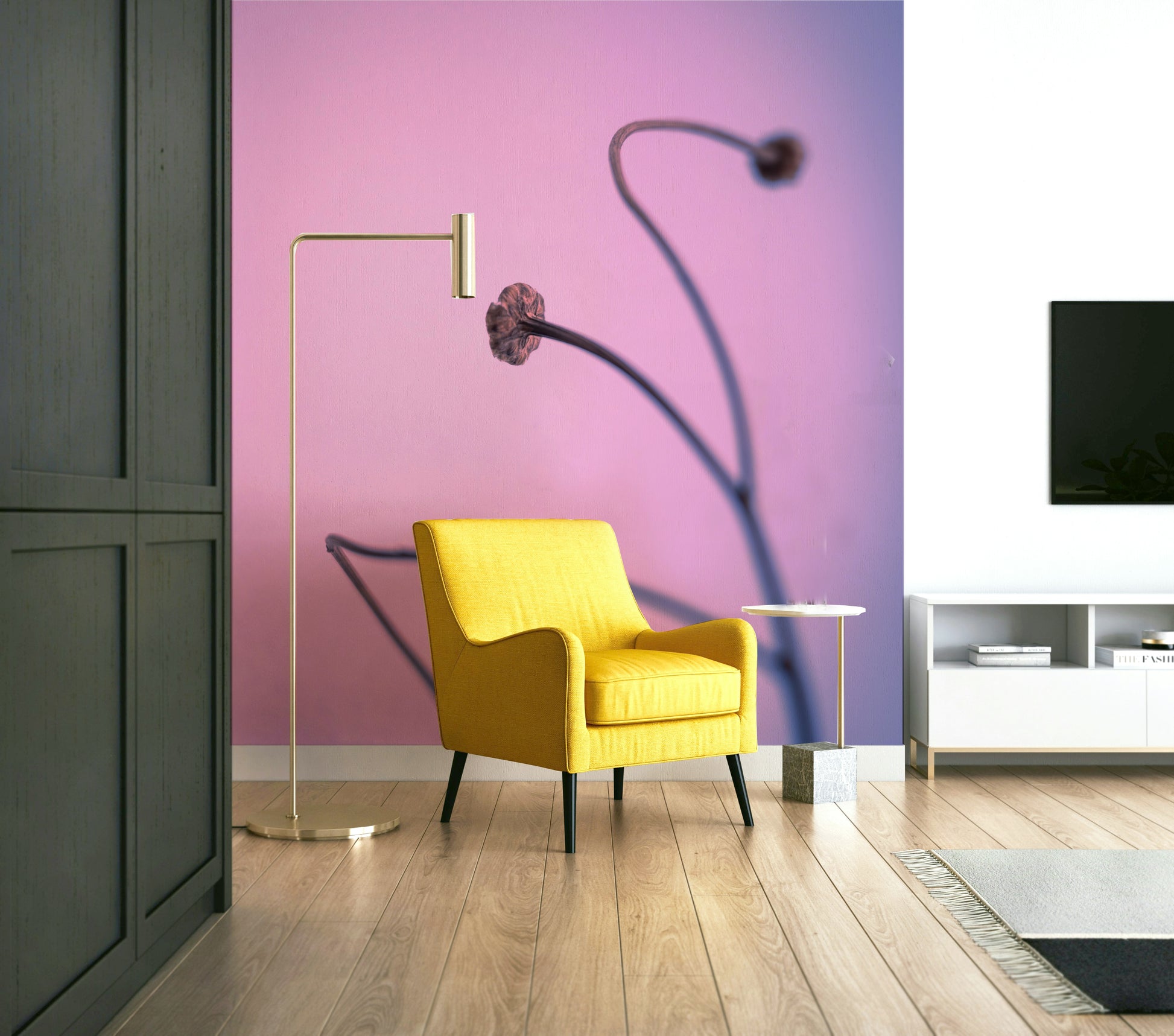 A close-up of a delicate plant stalk against a soft pink background.


