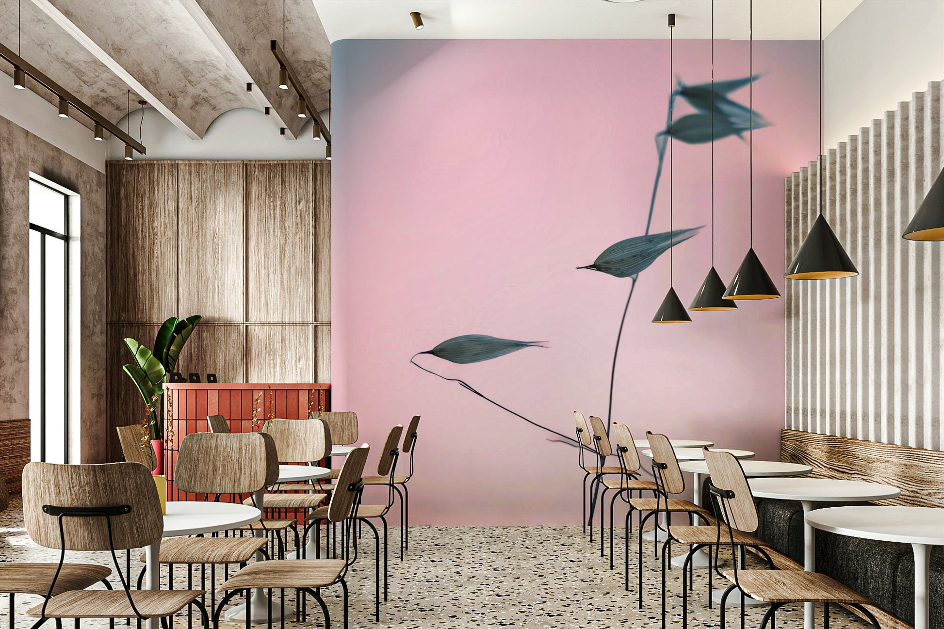 The peel and stick wallpaper showing realistic plant textures.

