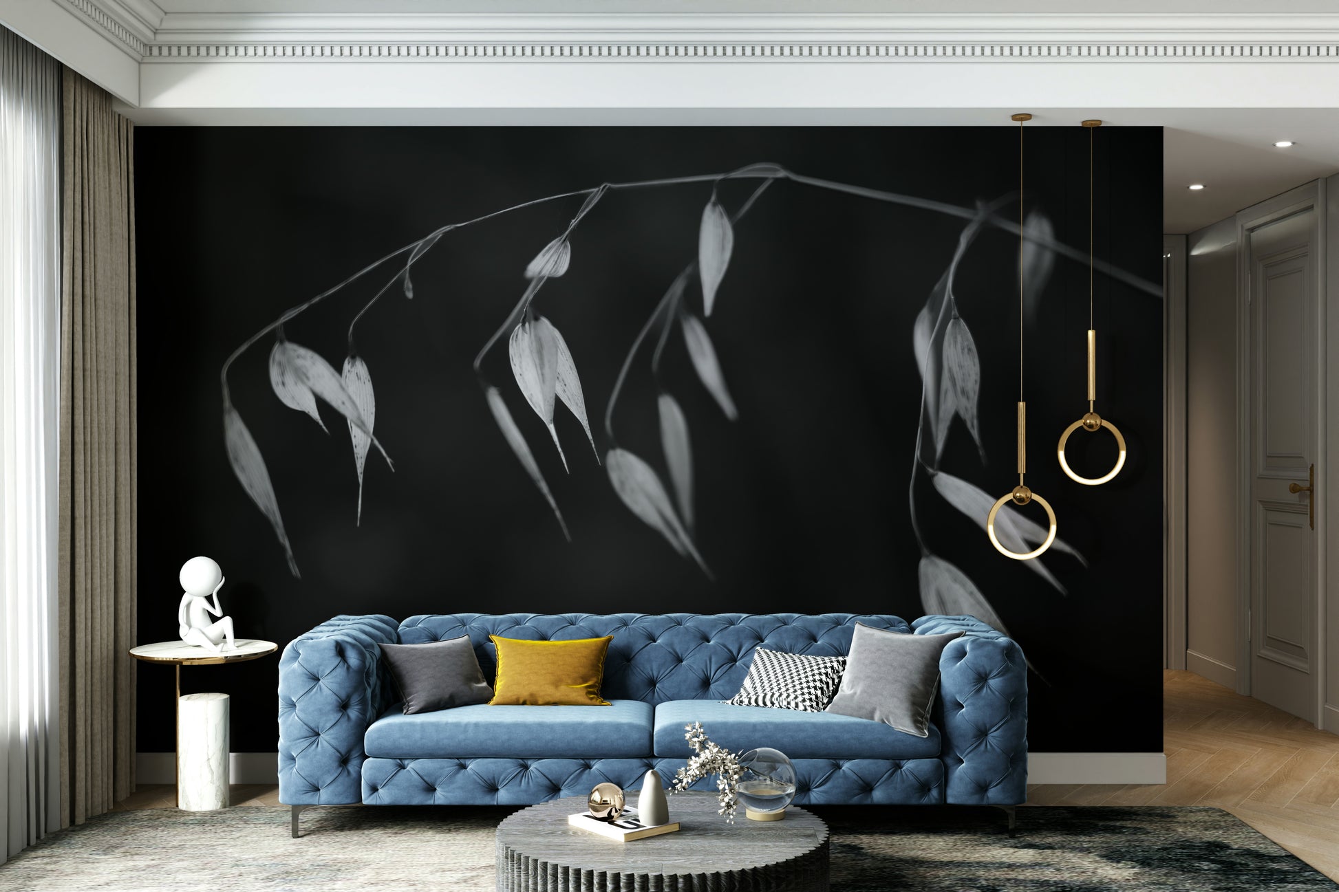 The wallpaper is used as a feature wall in a bedroom.

