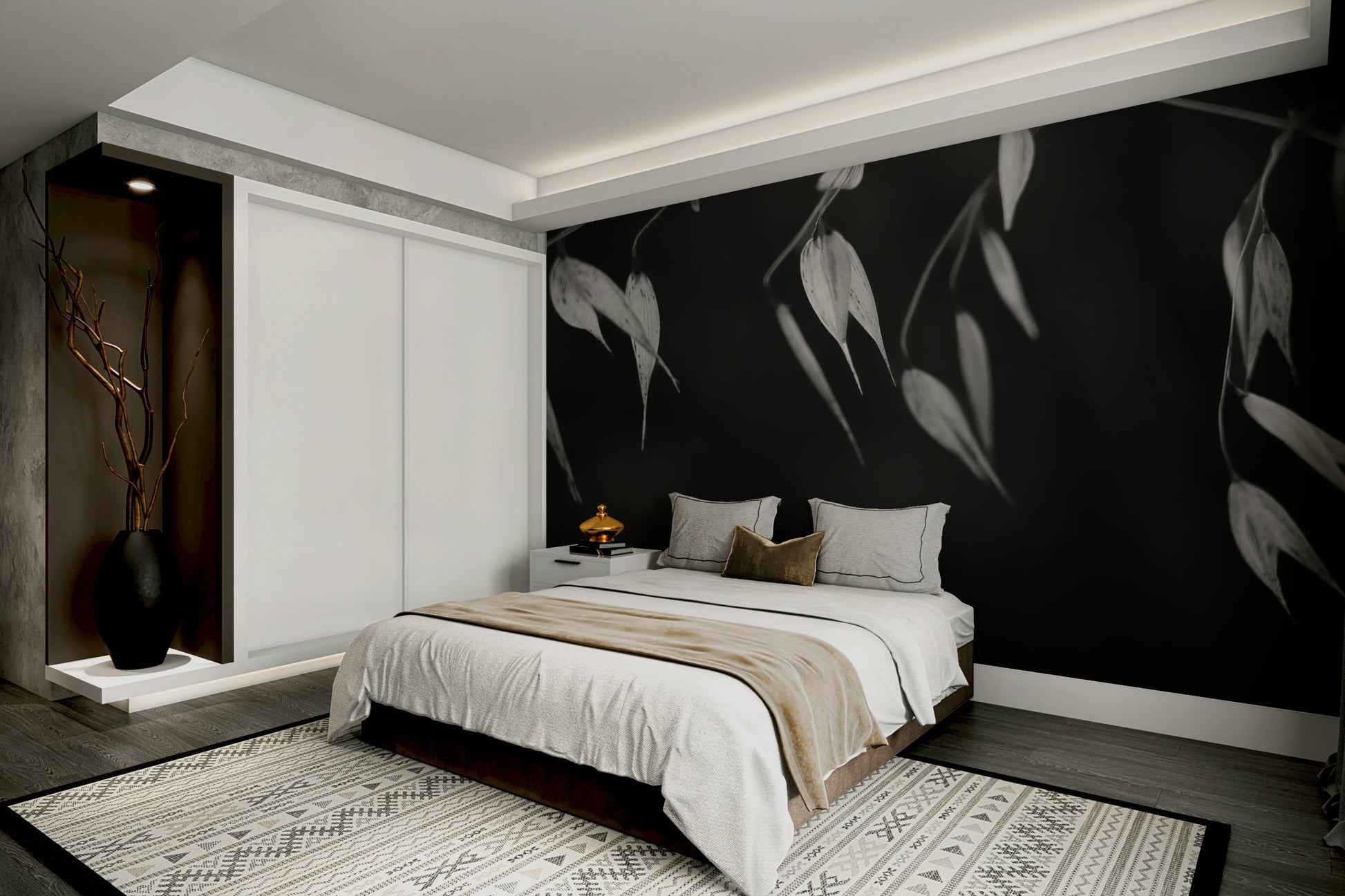 The peel and stick wallpaper showing realistic plant textures.

