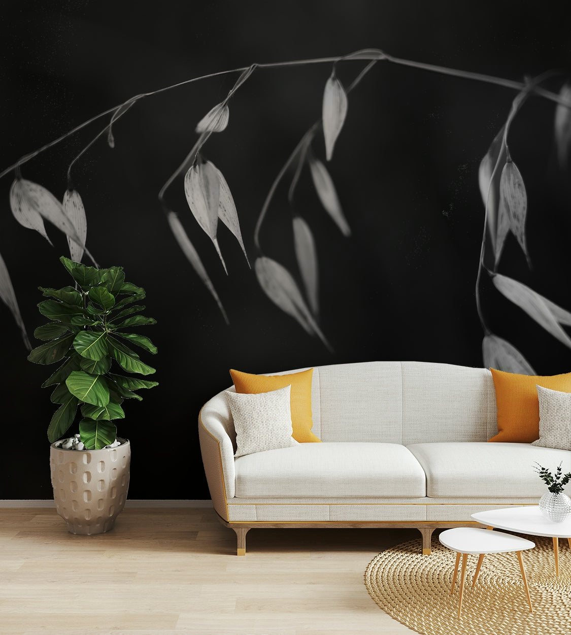 A living room featuring the abstract botanical wall mural.


