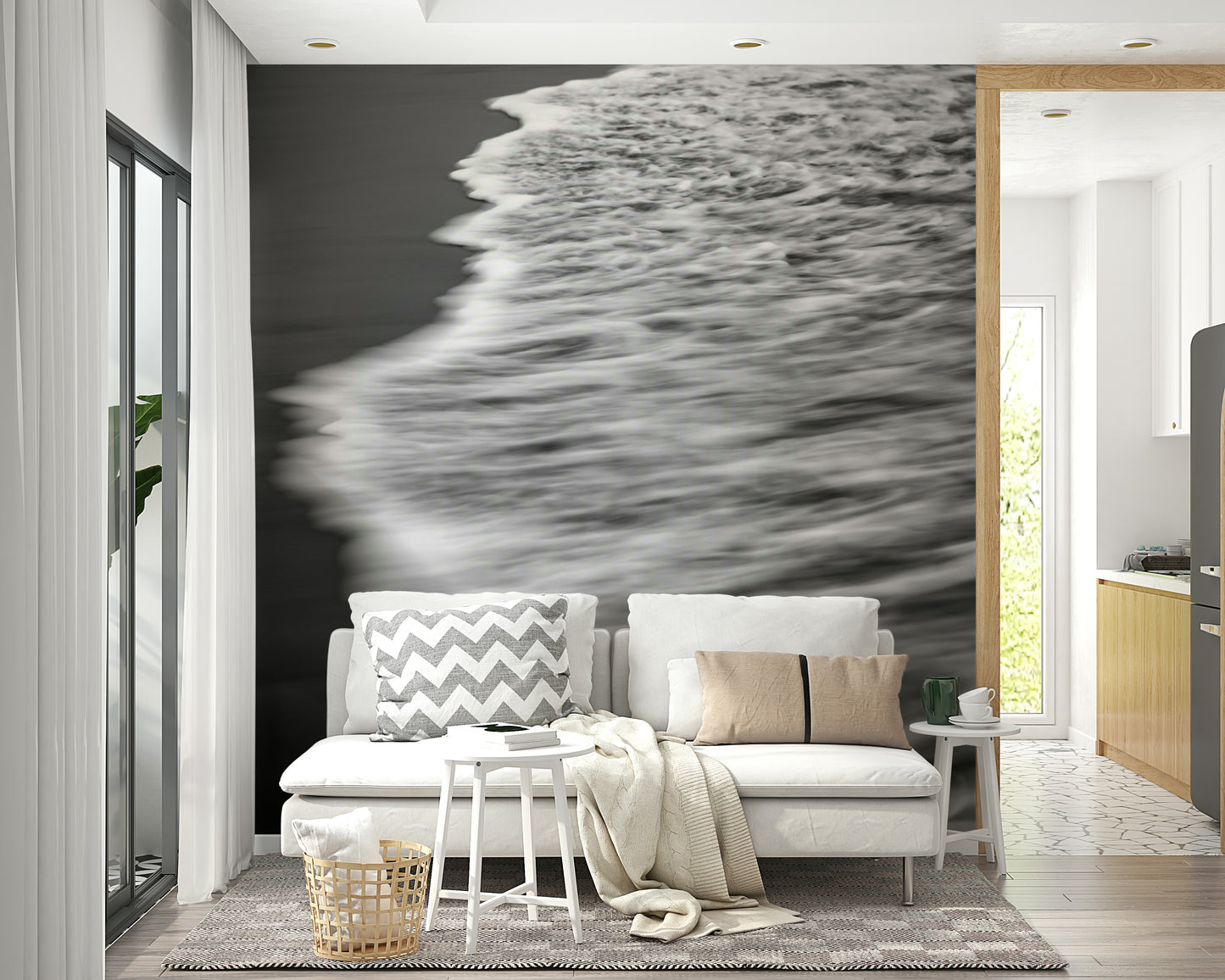 A photo of a Spirit Shorelines Wall Mural with a tranquil beach scene.