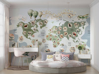 A world map design for a kids' room with creatures.

