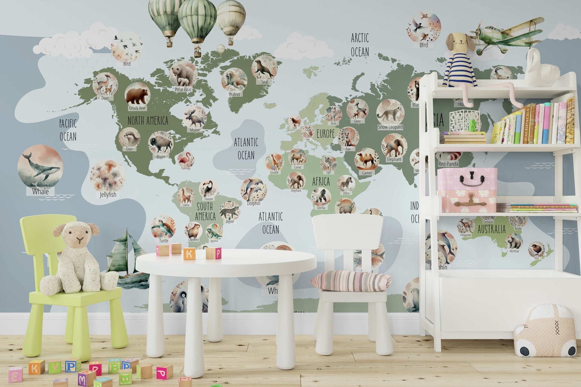 A unique animal map for a nursery room.