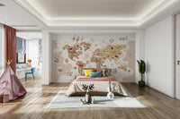 An interior view showing a wall decorated with a Boho Wildlife Map Wall Mural.

