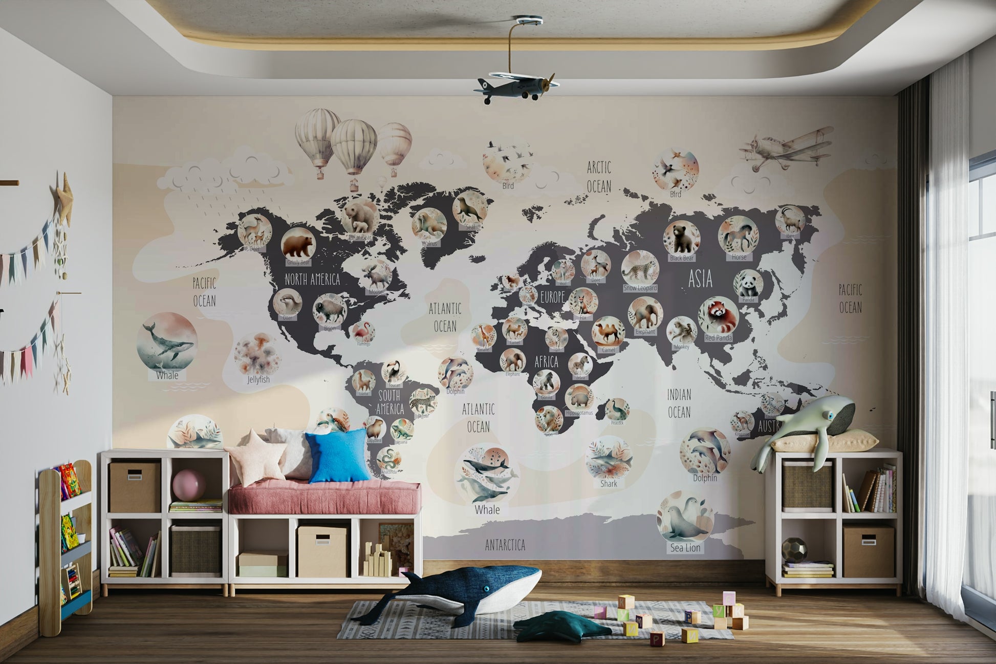 An elegant world map mural with cartoon animals.

