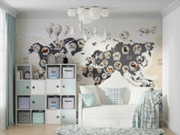 An interior view showing a wall decorated with a Chic Wildlife World Map Wall Mural.

