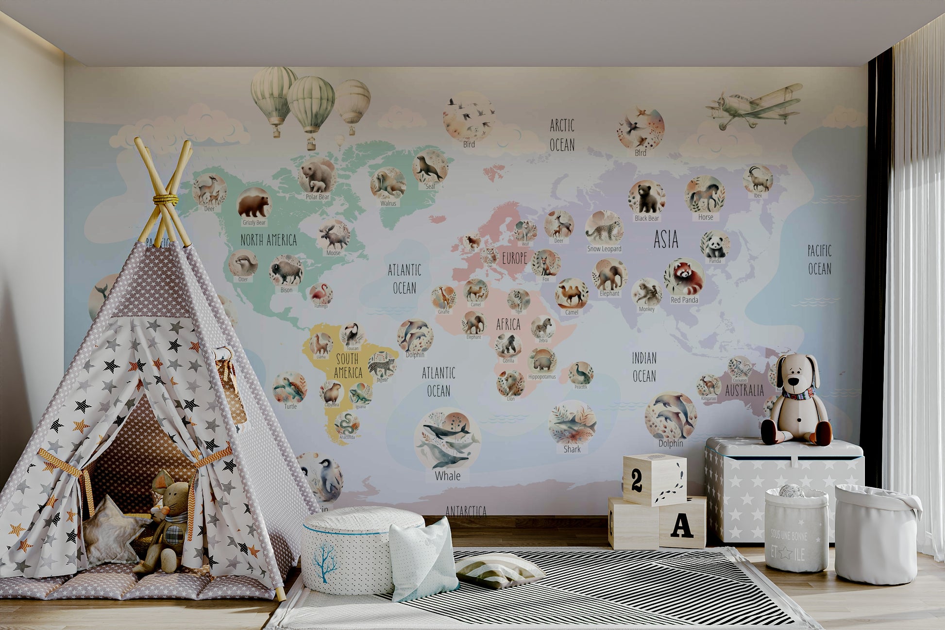 Pastel Wildlife kids room wallpaper