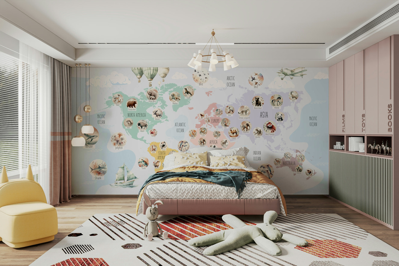 Pastel Wildlife world map decor