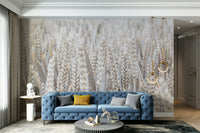 A living room with the grain field wall mural.

