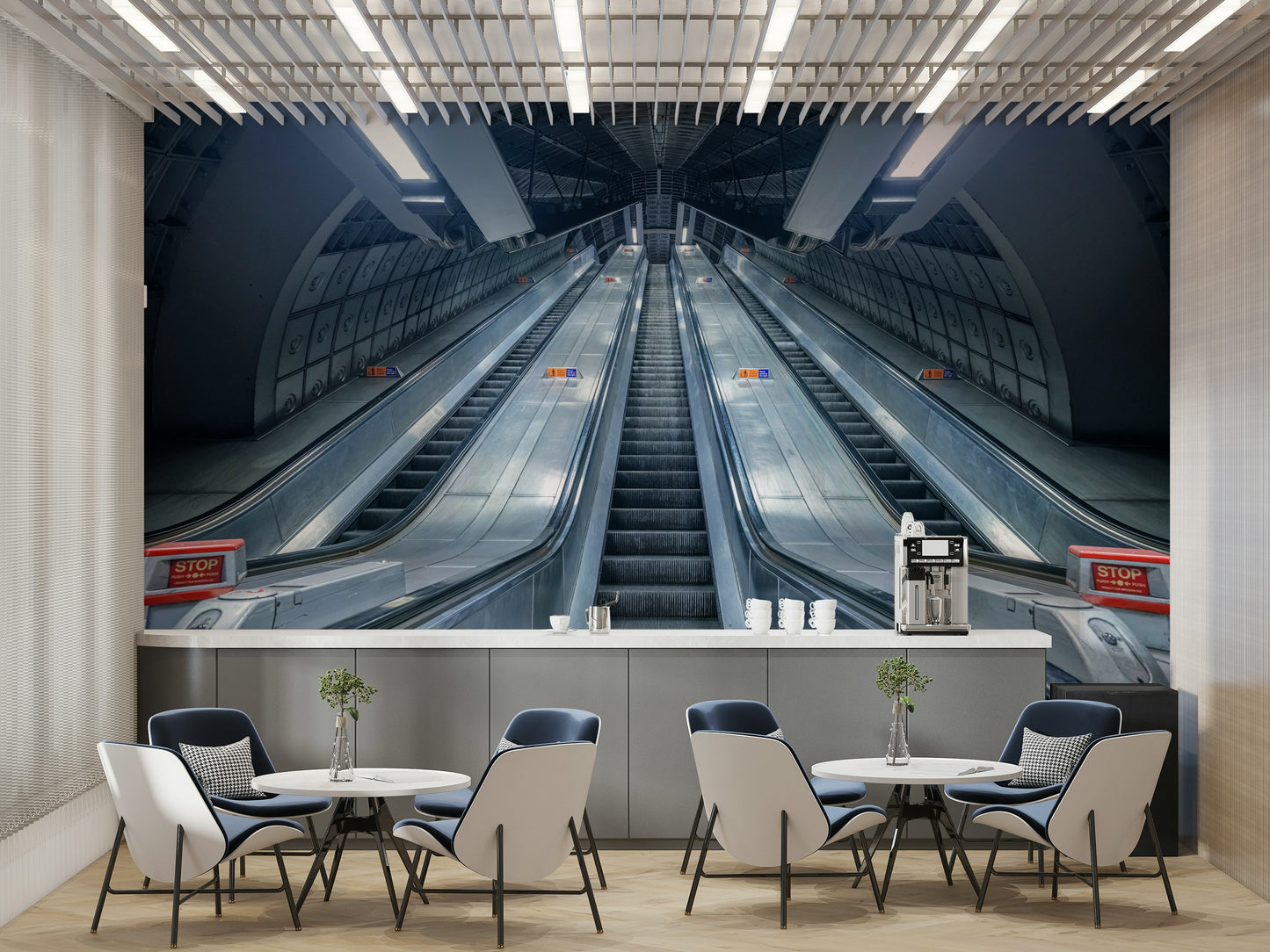 A close-up of the detailed texture in the subway station design.

