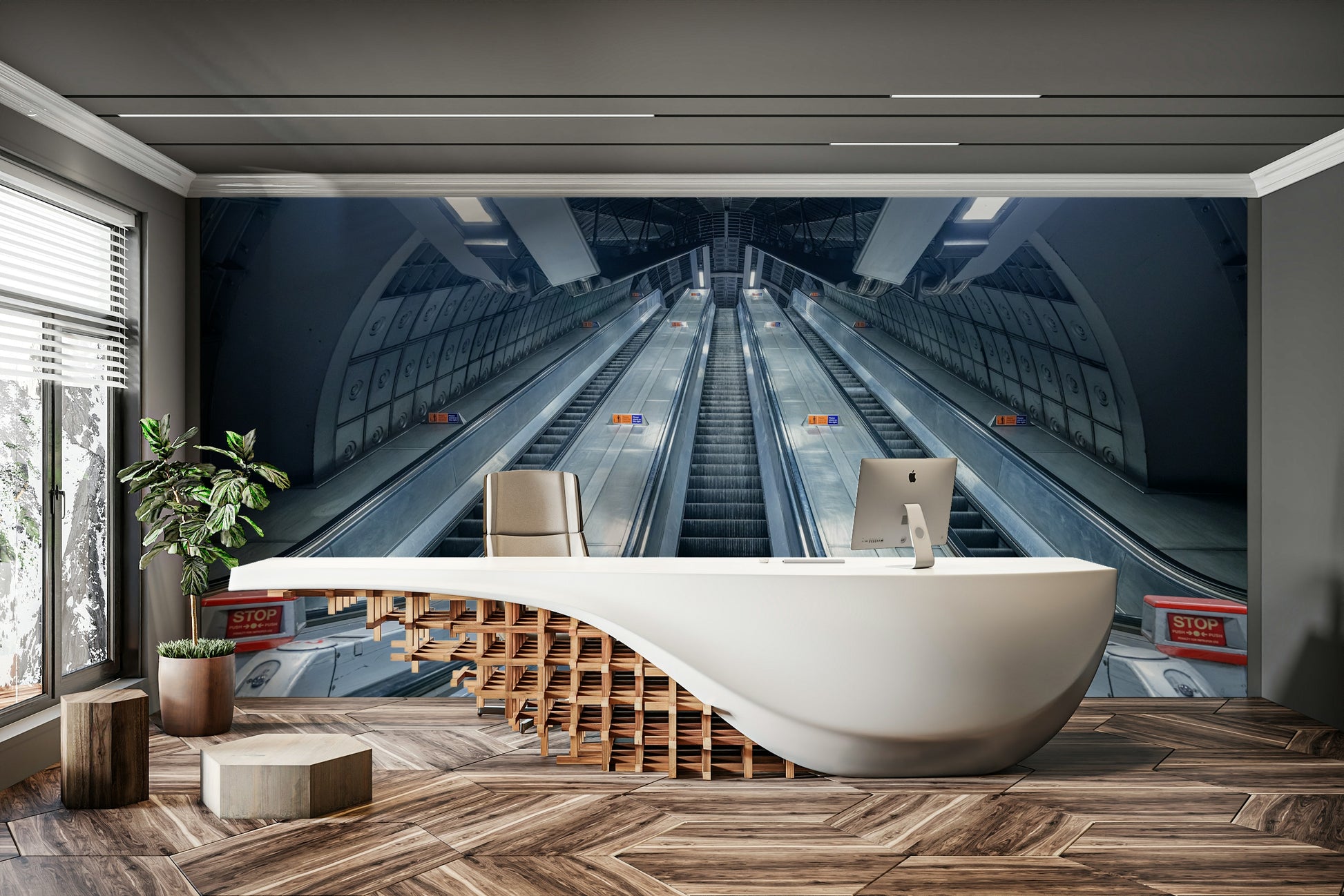 A bedroom with the urban mural behind the headboard.

