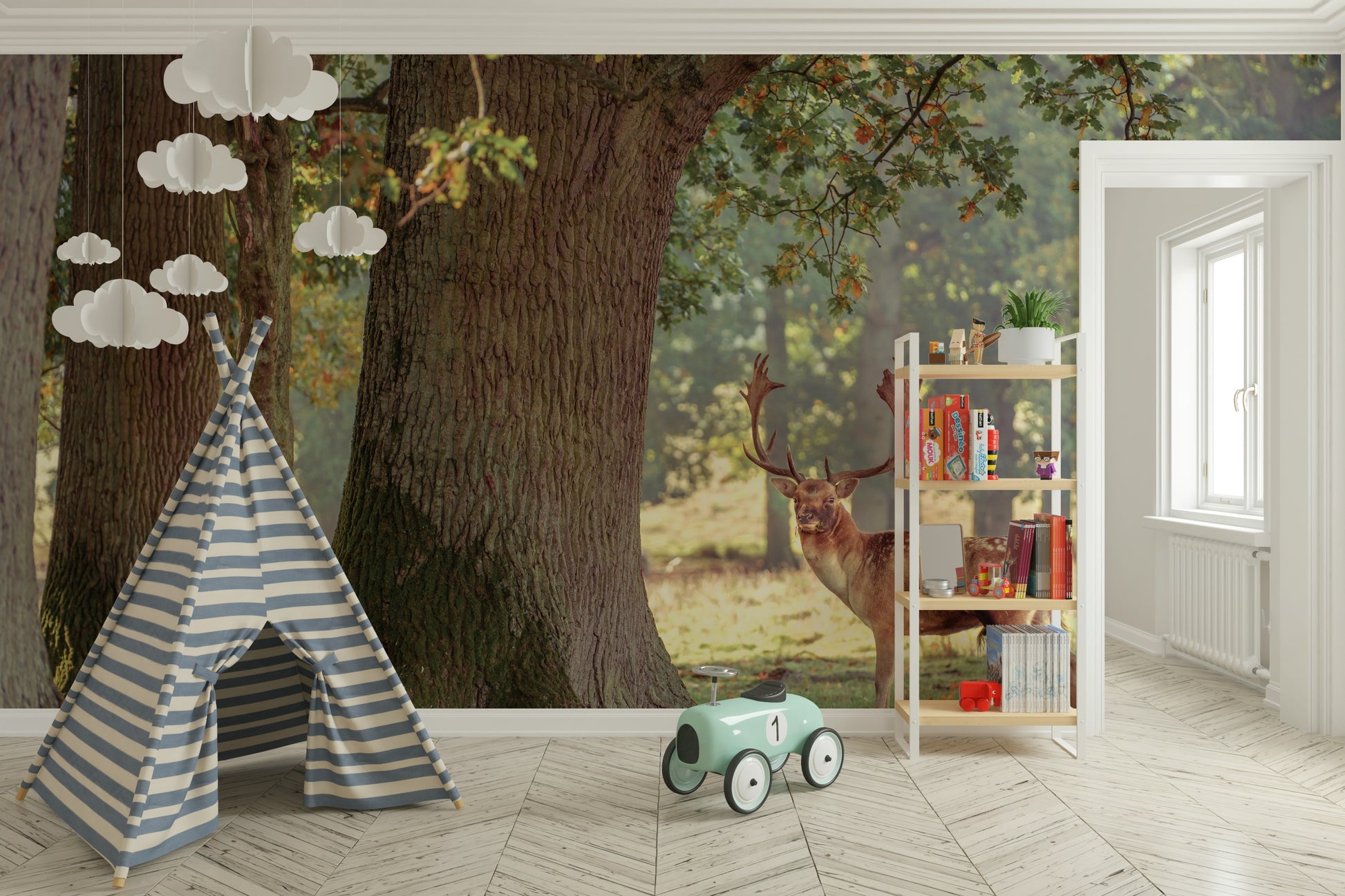 The peel and stick wallpaper on a smooth wall surface.

