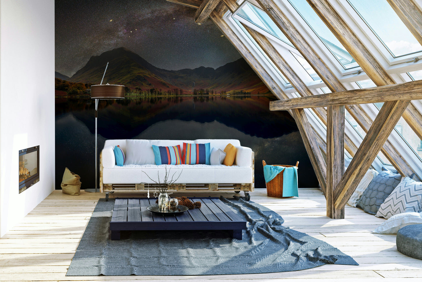 An angled shot of the mural's dark and starry color palette.

