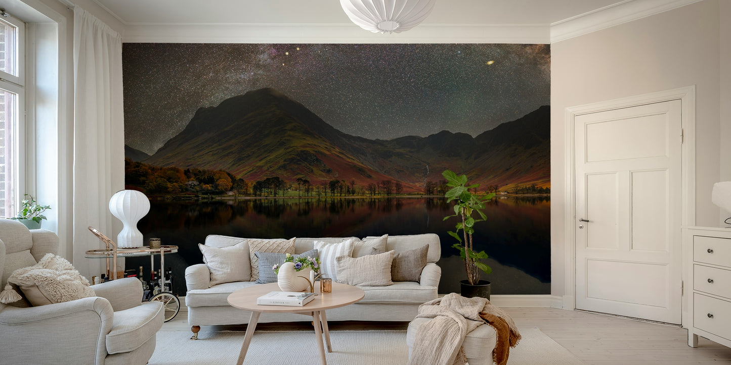 A high-angle view of the wall mural in a large space.


