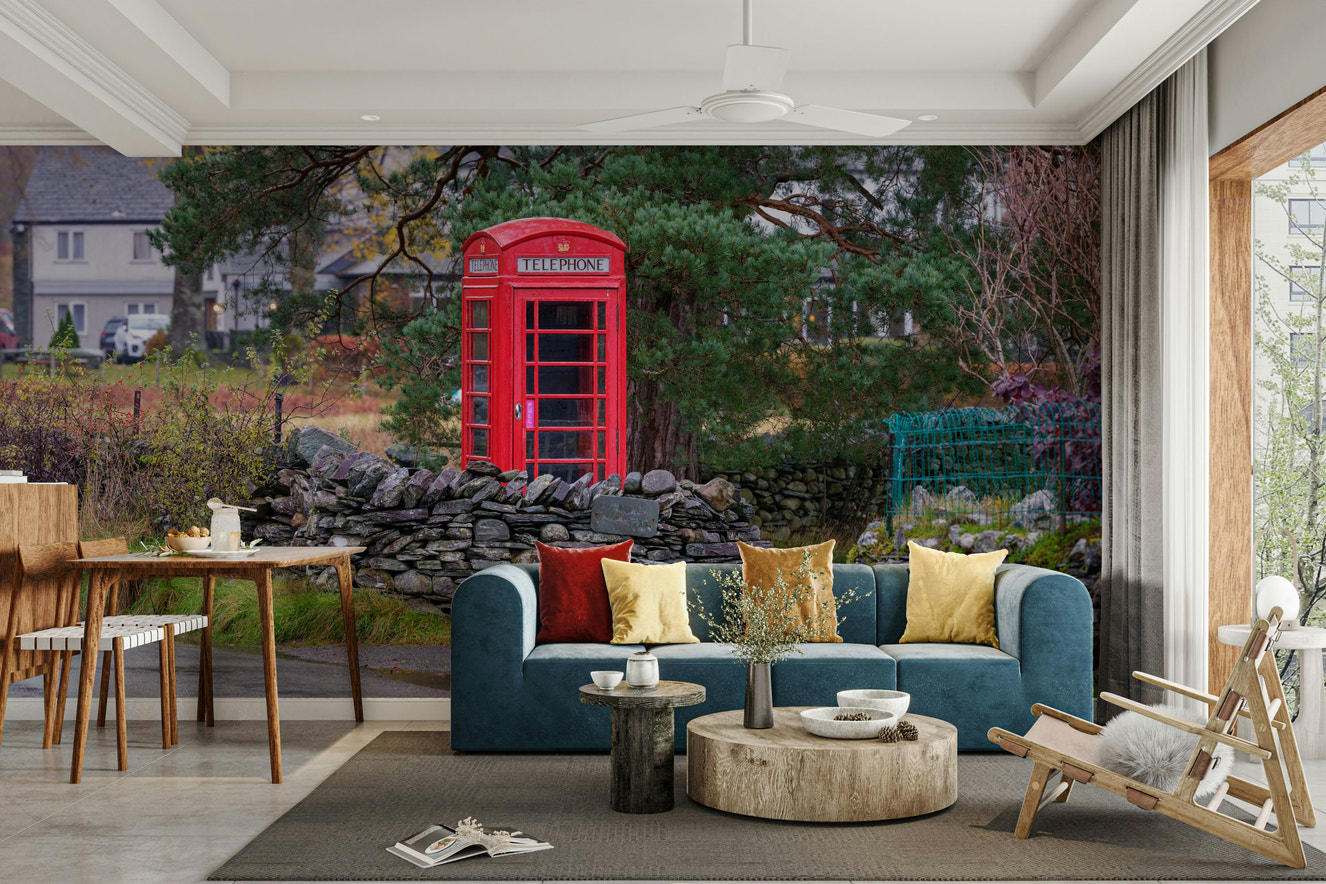 A contemporary living room with a large calling box wall mural.

