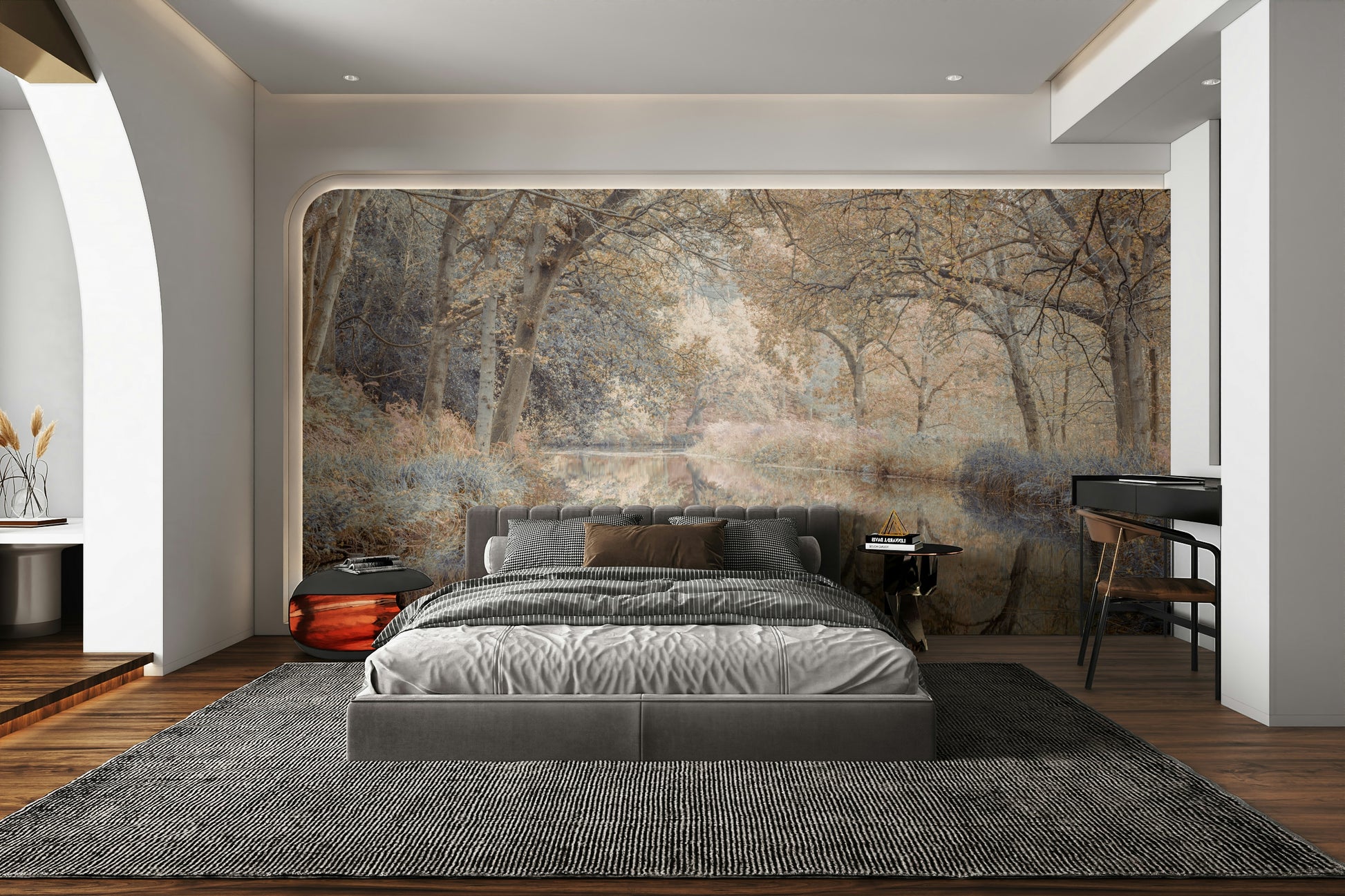 A living room featuring the serene water wall mural.

