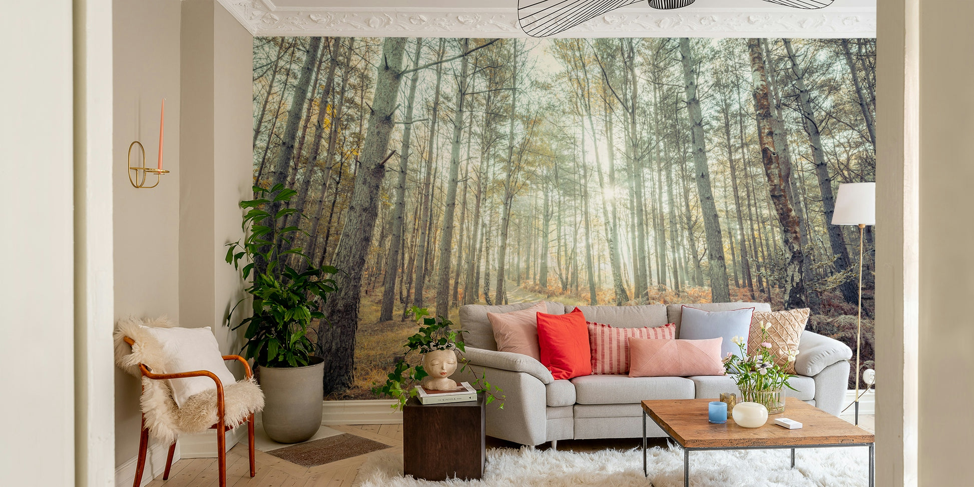 The peel and stick wallpaper on a smooth wall surface.

