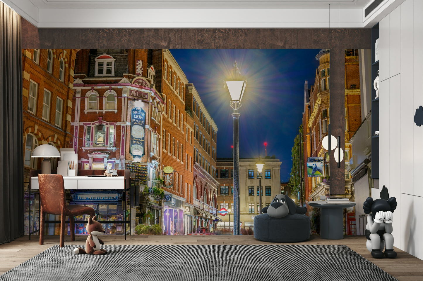 A detail shot of the historic brick buildings and lights.

