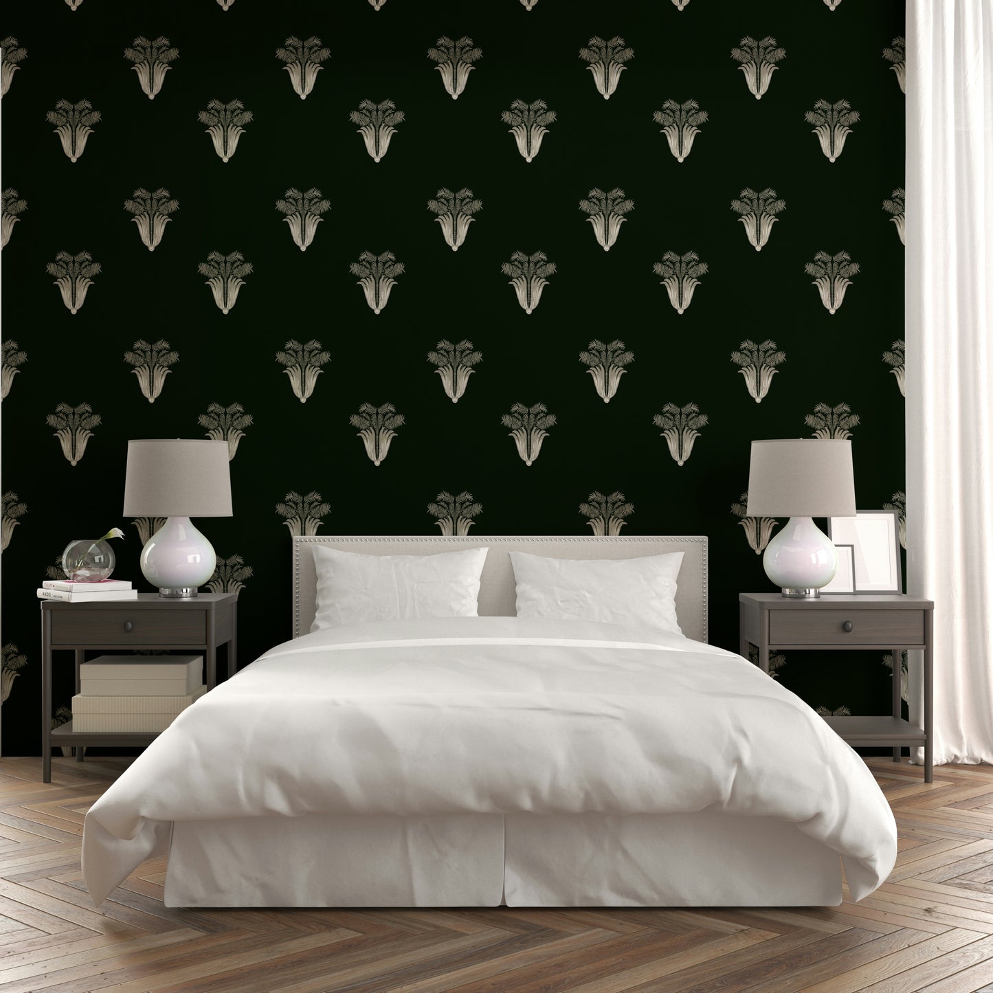A bedroom with the lush foliage mural behind the headboard.