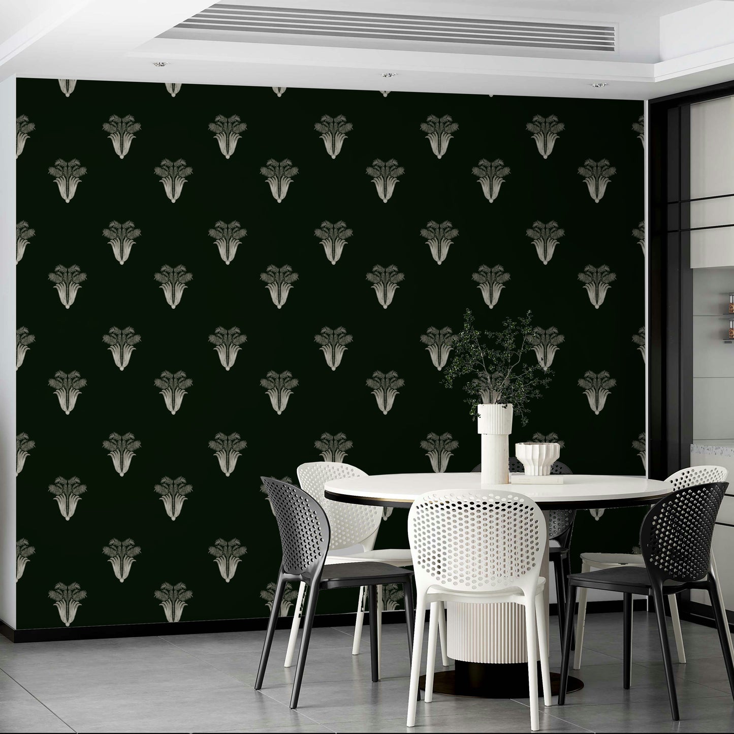 The peel and stick wallpaper on a smooth wall surface.