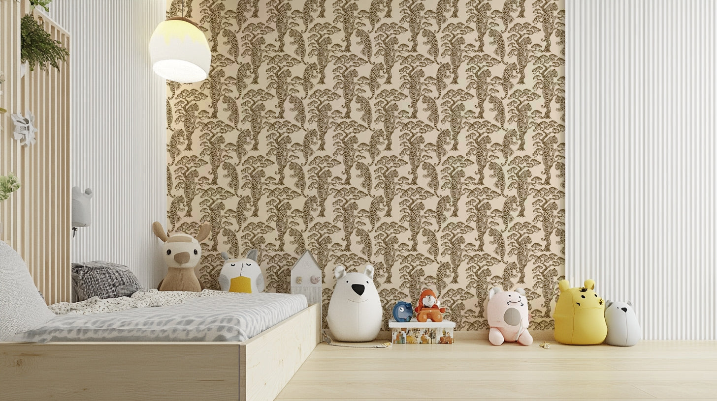 A bedroom with the lush foliage mural behind the headboard.