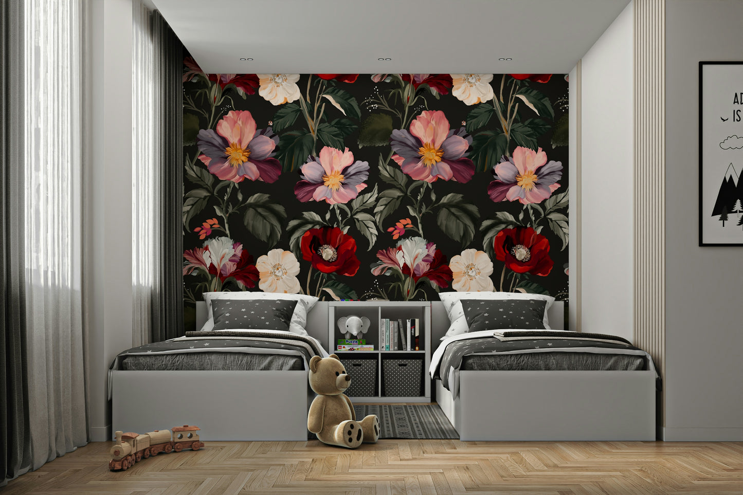 The wallpaper is used to create a feature wall in a dining room.